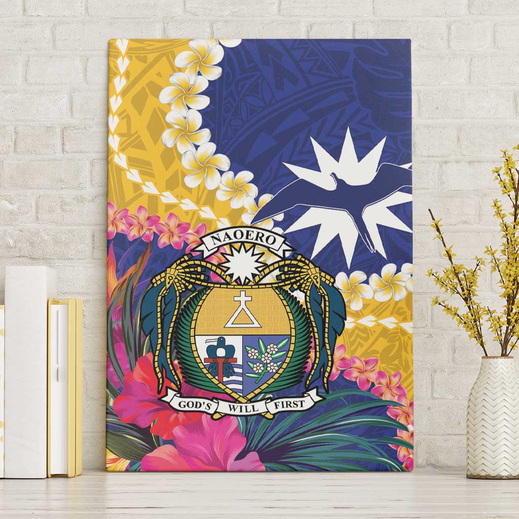 Nauru Independence Day Canvas Wall Art Coat Of Arms With Tropical Flowers LT14 Without Frame Blue - Polynesian Pride