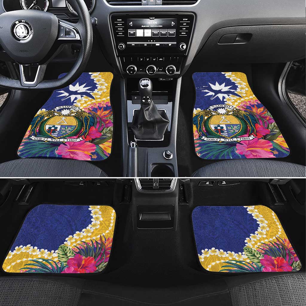 Nauru Independence Day Car Mats Coat Of Arms With Tropical Flowers LT14 Set 4pcs Blue - Polynesian Pride