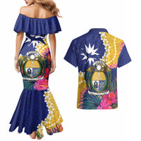 Nauru Independence Day Couples Matching Mermaid Dress and Hawaiian Shirt Coat Of Arms With Tropical Flowers
