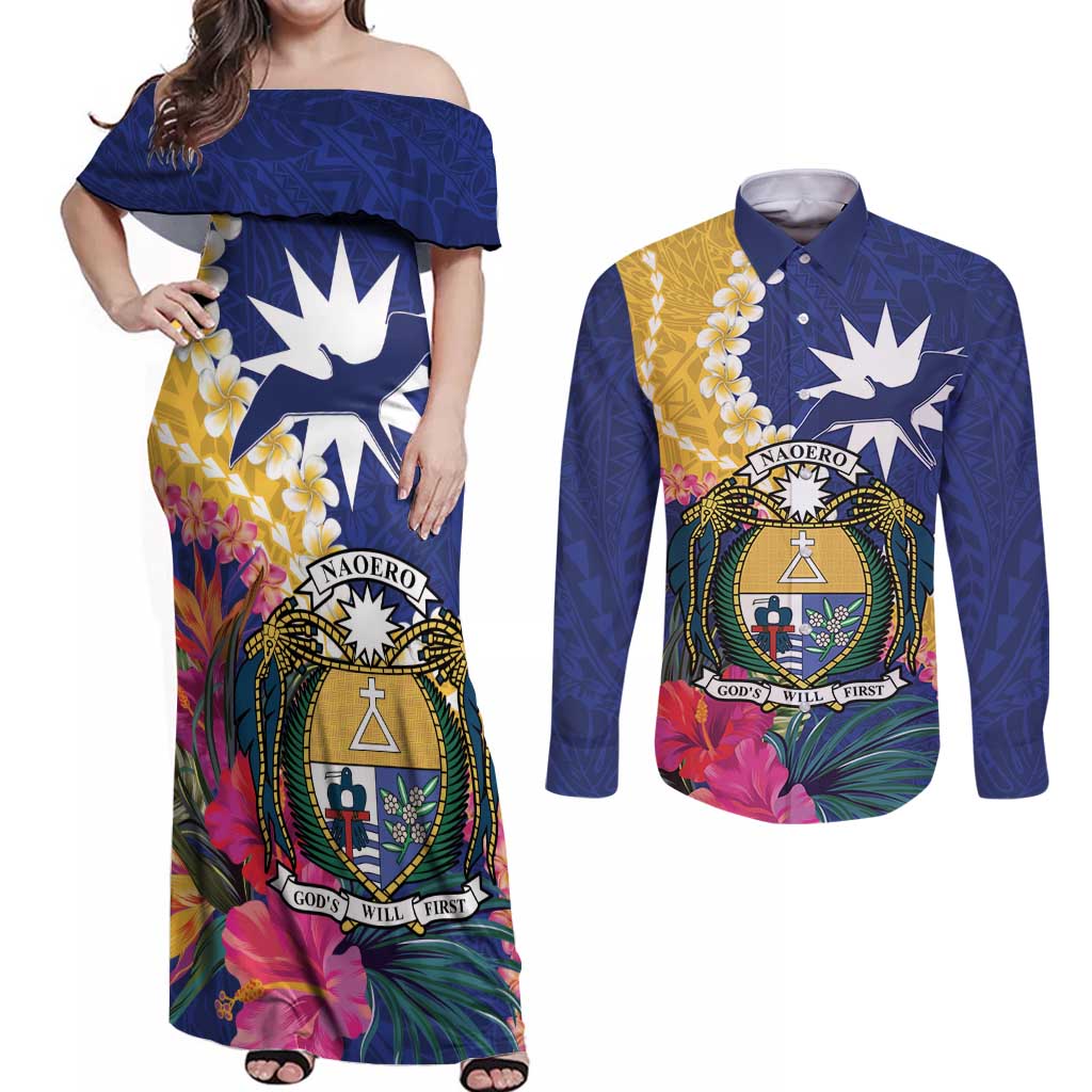 Nauru Independence Day Couples Matching Off Shoulder Maxi Dress and Long Sleeve Button Shirt Coat Of Arms With Tropical Flowers LT14 Blue - Polynesian Pride