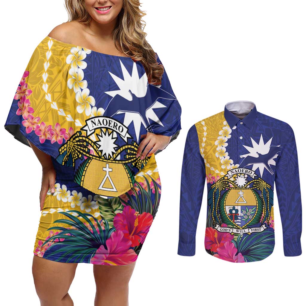 Nauru Independence Day Couples Matching Off Shoulder Short Dress and Long Sleeve Button Shirt Coat Of Arms With Tropical Flowers LT14 Blue - Polynesian Pride