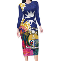 Nauru Independence Day Family Matching Long Sleeve Bodycon Dress and Hawaiian Shirt Coat Of Arms With Tropical Flowers