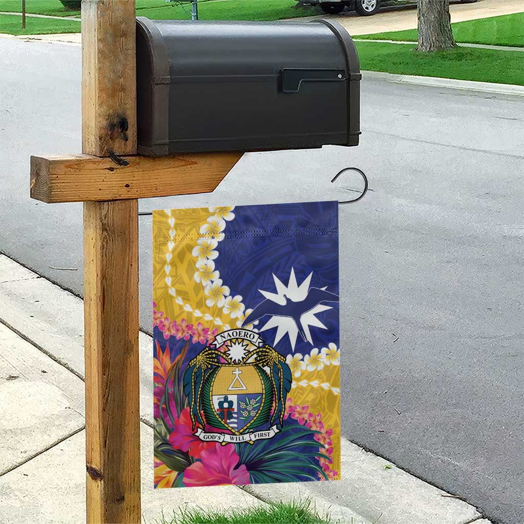 Nauru Independence Day Garden Flag Coat Of Arms With Tropical Flowers