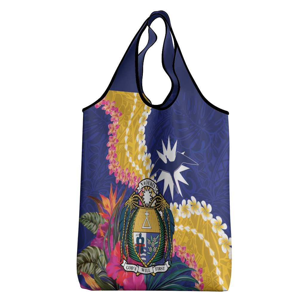 Nauru Independence Day Grocery Bag Coat Of Arms With Tropical Flowers