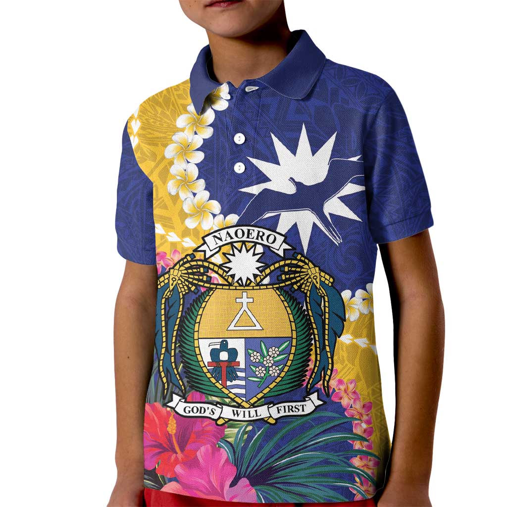 Nauru Independence Day Kid Polo Shirt Coat Of Arms With Tropical Flowers LT14 Kid Blue - Polynesian Pride
