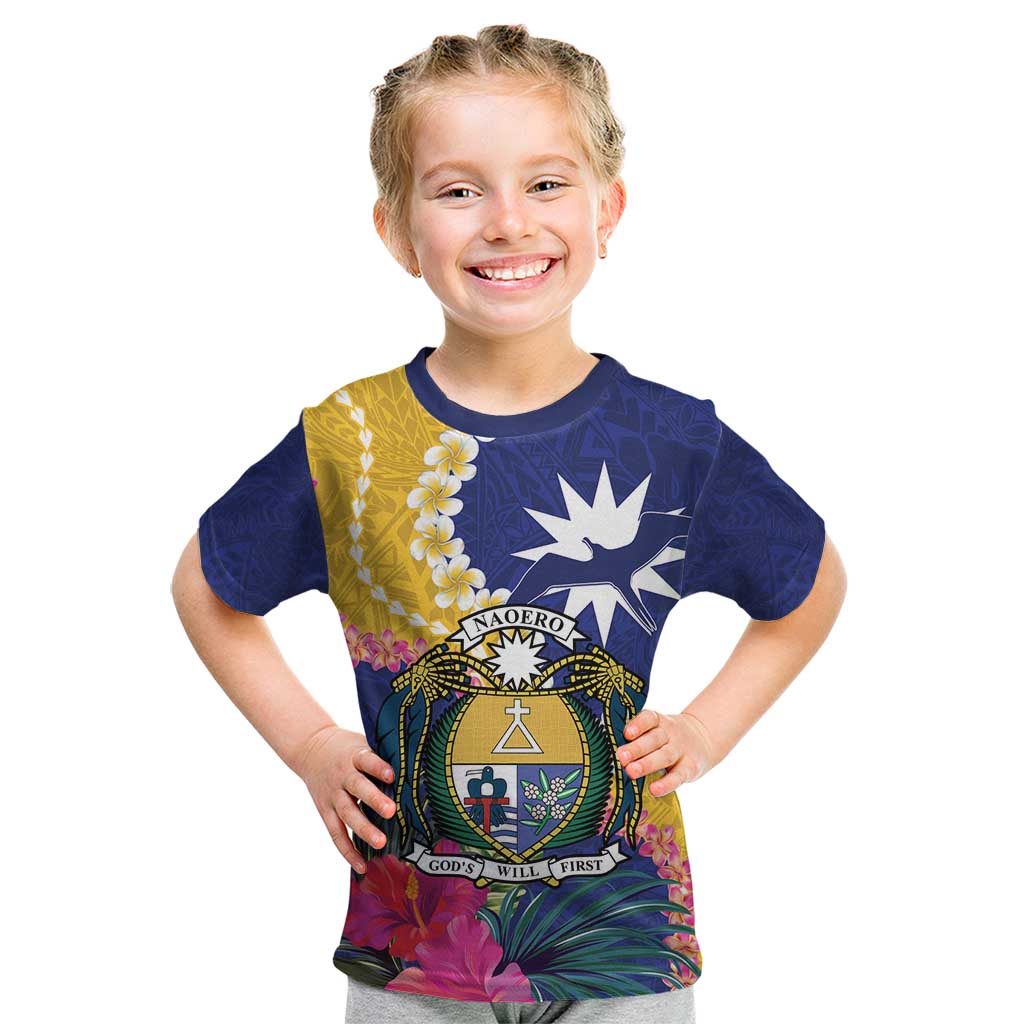 Nauru Independence Day Kid T Shirt Coat Of Arms With Tropical Flowers LT14 Blue - Polynesian Pride