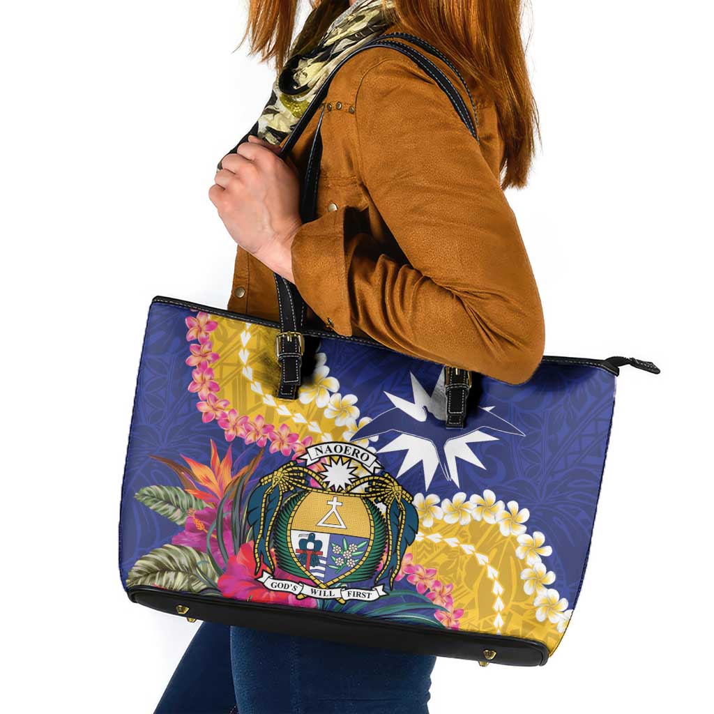 Nauru Independence Day Leather Tote Bag Coat Of Arms With Tropical Flowers LT14 Blue - Polynesian Pride