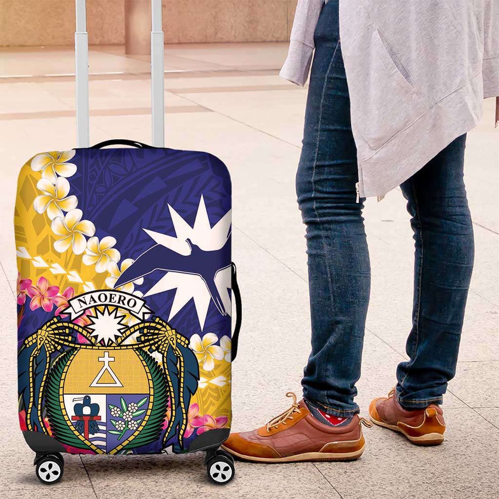 Nauru Independence Day Luggage Cover Coat Of Arms With Tropical Flowers LT14 Blue - Polynesian Pride