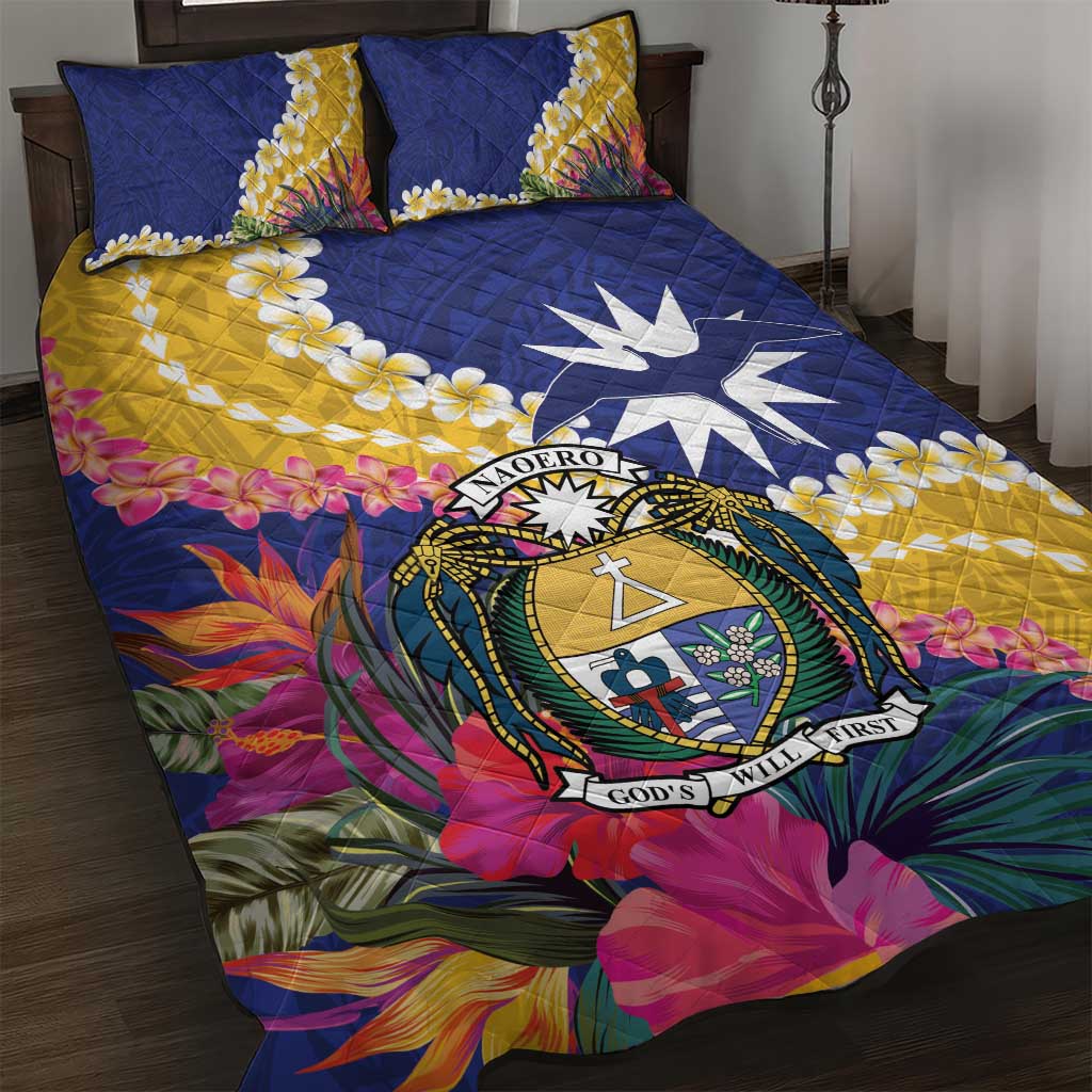 Nauru Independence Day Quilt Bed Set Coat Of Arms With Tropical Flowers LT14 Blue - Polynesian Pride