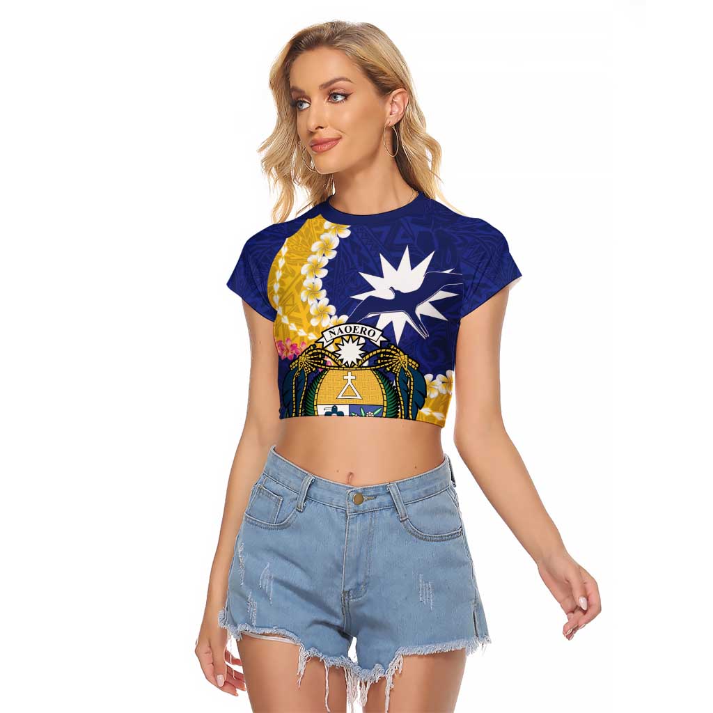 Nauru Independence Day Raglan Cropped T Shirt Coat Of Arms With Tropical Flowers LT14 Female Blue - Polynesian Pride