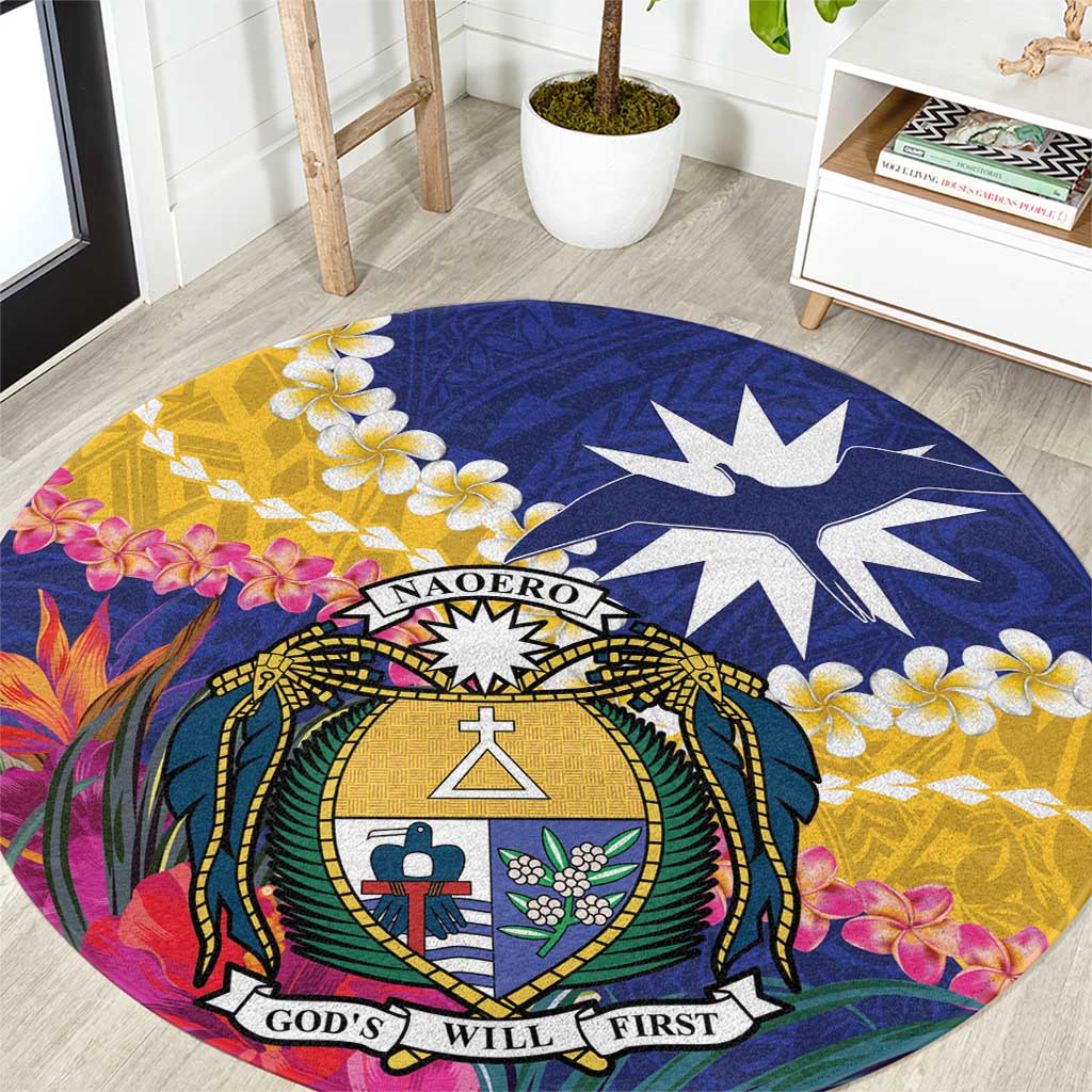 Nauru Independence Day Round Carpet Coat Of Arms With Tropical Flowers LT14 Blue - Polynesian Pride