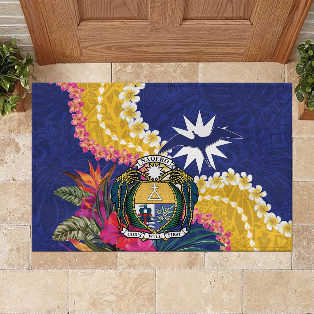 Nauru Independence Day Rubber Doormat Coat Of Arms With Tropical Flowers LT14 Blue - Polynesian Pride