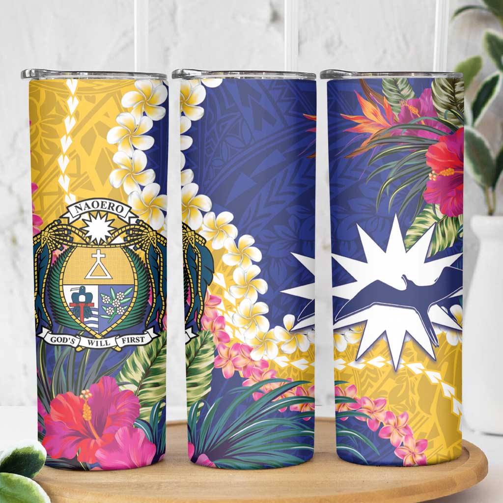 Nauru Independence Day Skinny Tumbler Coat Of Arms With Tropical Flowers