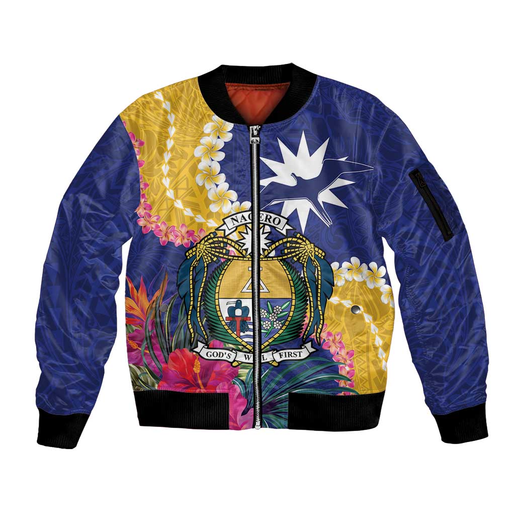 Nauru Independence Day Sleeve Zip Bomber Jacket Coat Of Arms With Tropical Flowers LT14 Unisex Blue - Polynesian Pride