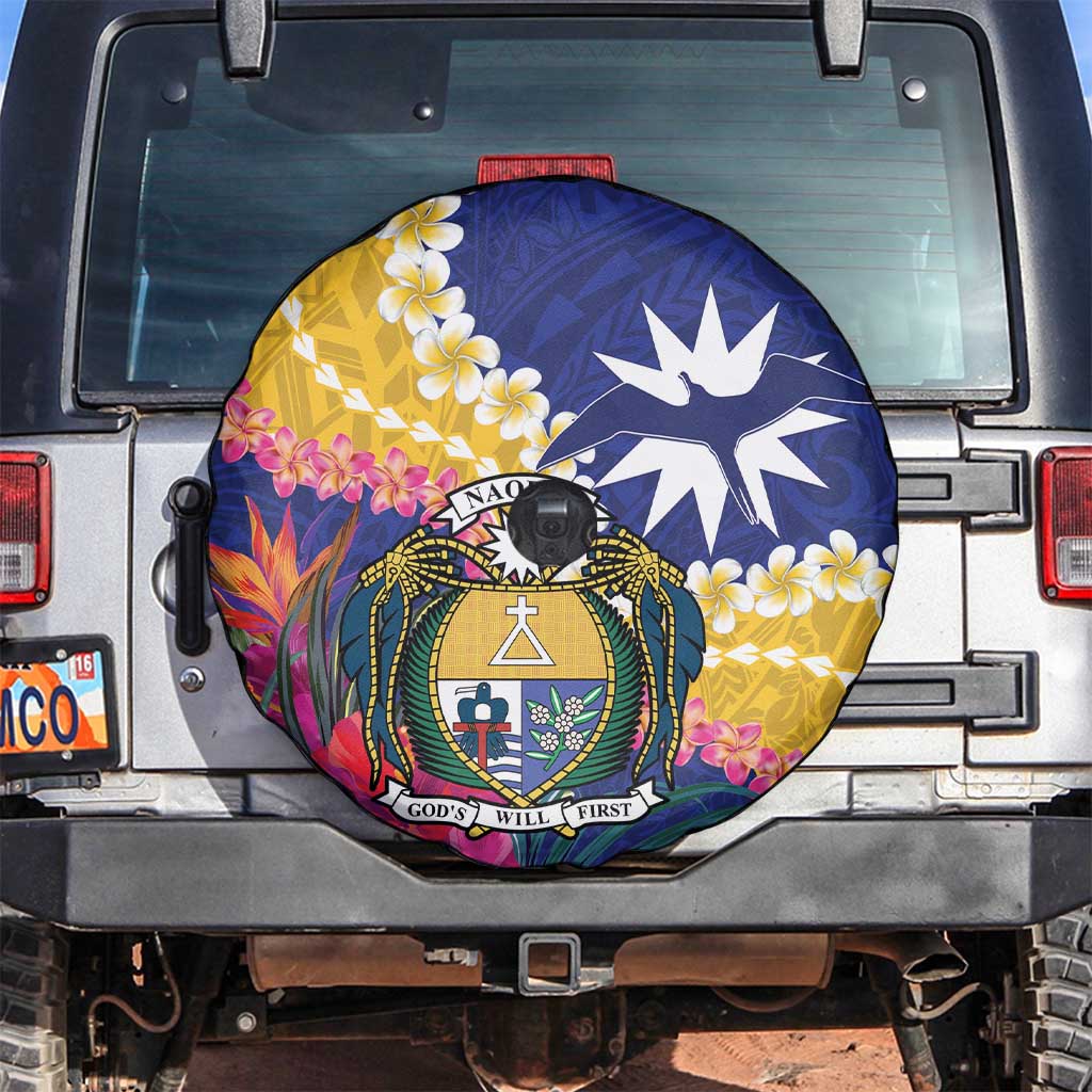 Nauru Independence Day Spare Tire Cover Coat Of Arms With Tropical Flowers LT14 Blue - Polynesian Pride