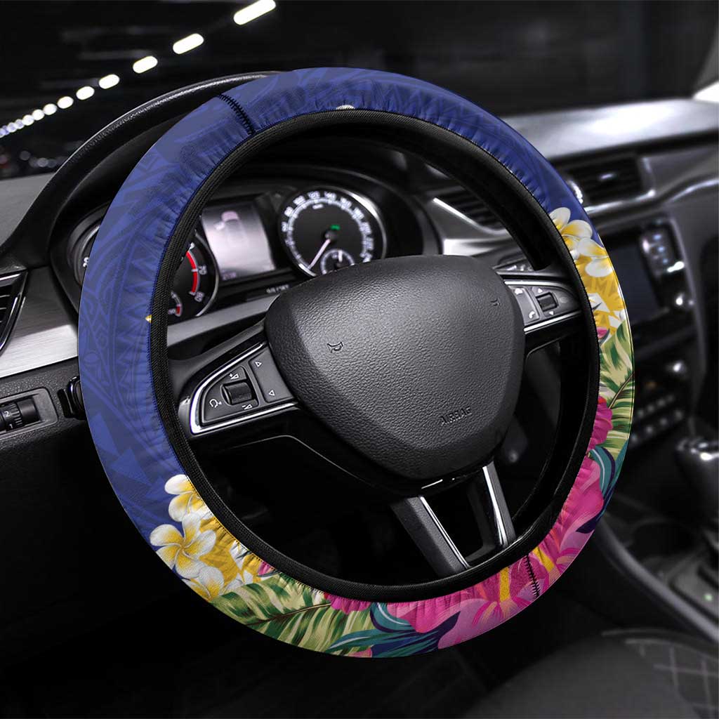 Nauru Independence Day Steering Wheel Cover Coat Of Arms With Tropical Flowers LT14 Universal Fit Blue - Polynesian Pride