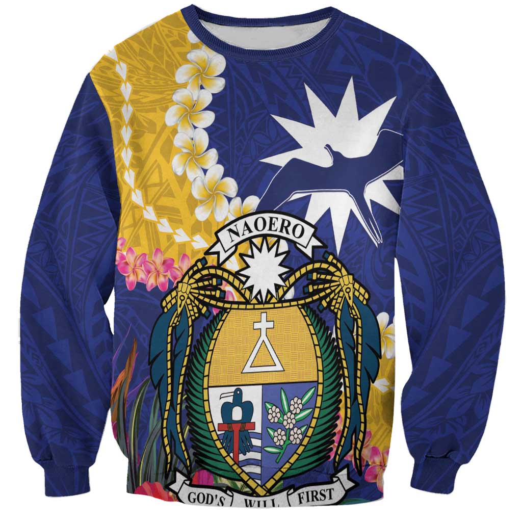 Nauru Independence Day Sweatshirt Coat Of Arms With Tropical Flowers LT14 Unisex Blue - Polynesian Pride