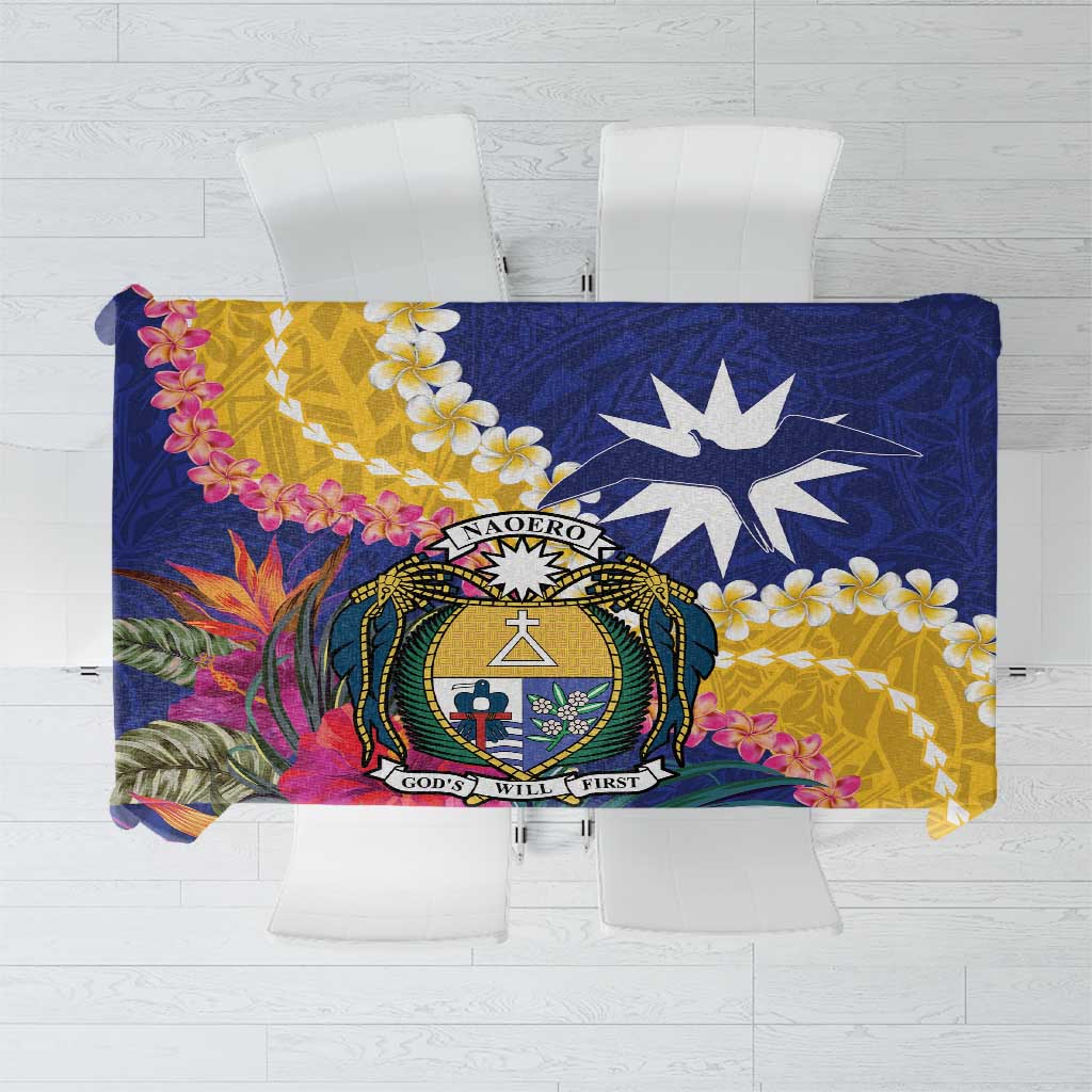 Nauru Independence Day Tablecloth Coat Of Arms With Tropical Flowers LT14 Blue - Polynesian Pride