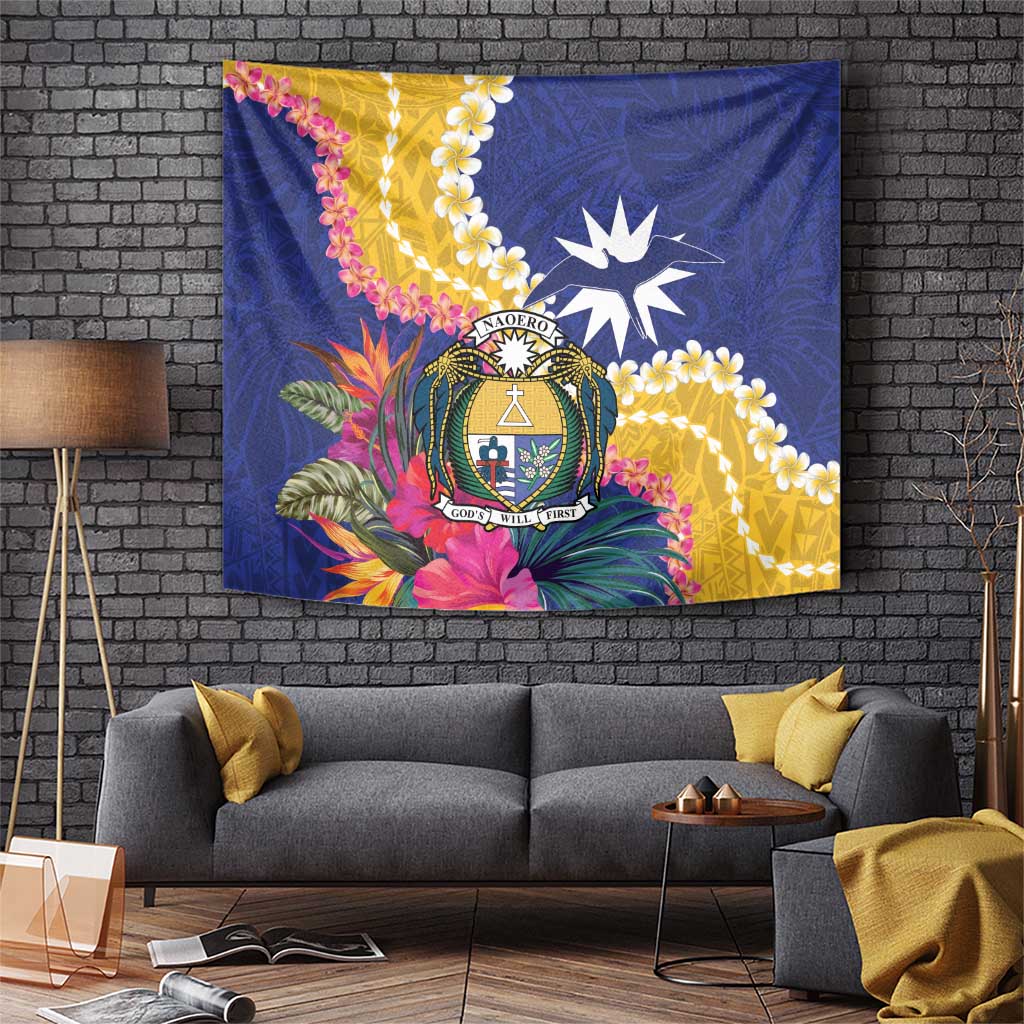 Nauru Independence Day Tapestry Coat Of Arms With Tropical Flowers LT14 Blue - Polynesian Pride