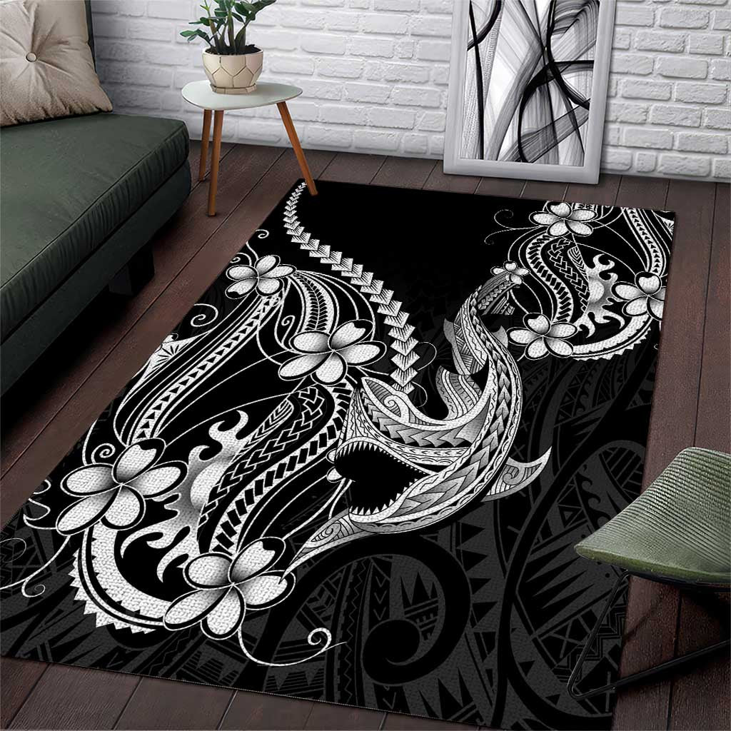 Black Aloha Hawaii Area Rug Polynesian Shark Tattoo With Plumeria - Polynesian Pride