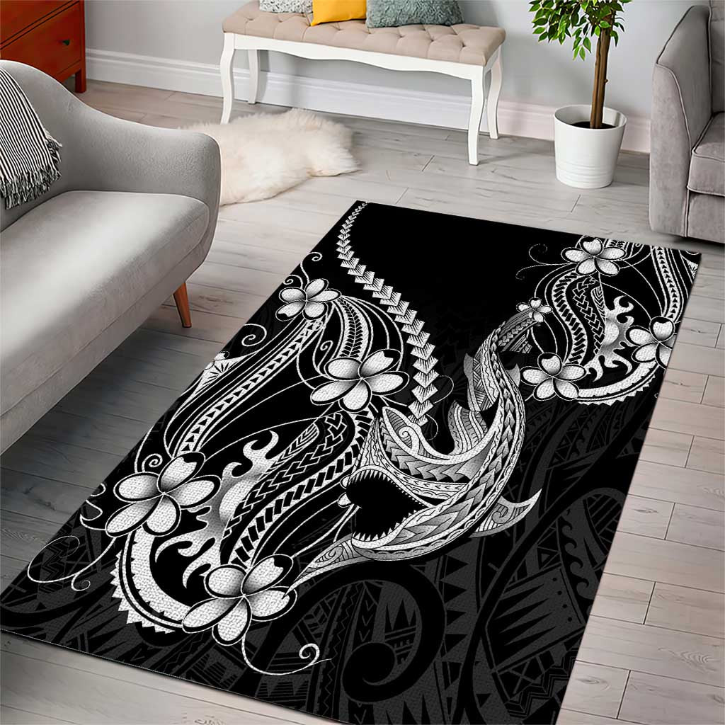 Black Aloha Hawaii Area Rug Polynesian Shark Tattoo With Plumeria - Polynesian Pride