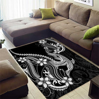 Black Aloha Hawaii Area Rug Polynesian Shark Tattoo With Plumeria - Polynesian Pride