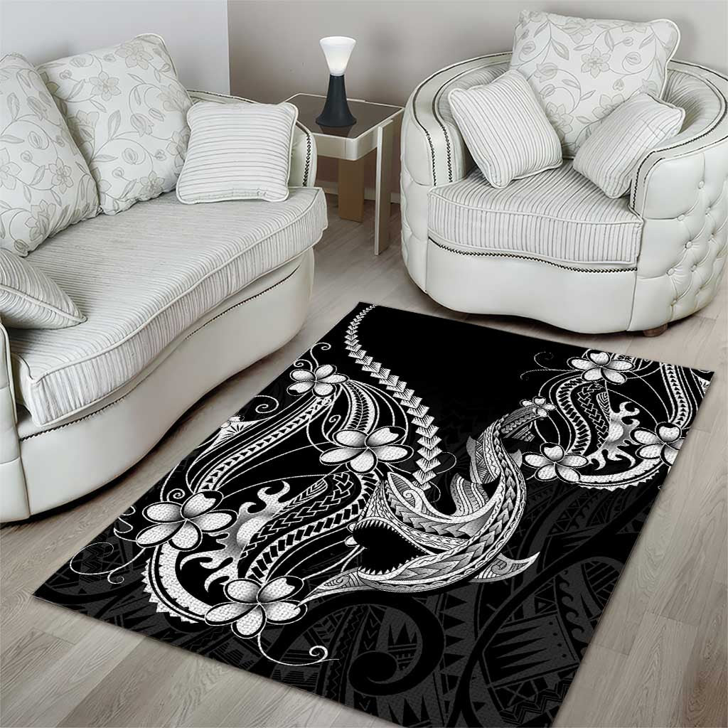 Black Aloha Hawaii Area Rug Polynesian Shark Tattoo With Plumeria - Polynesian Pride
