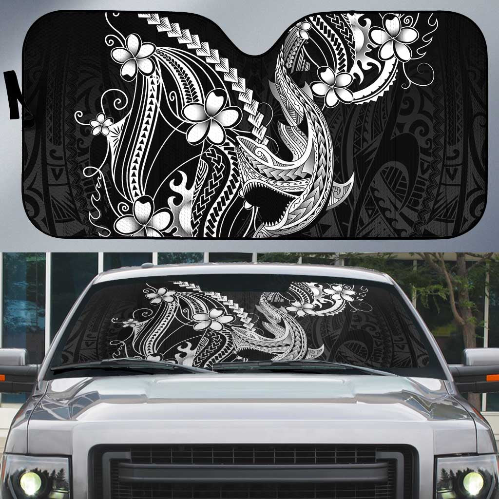 Black Aloha Hawaii Auto Sun Shade Polynesian Shark Tattoo With Plumeria - Polynesian Pride