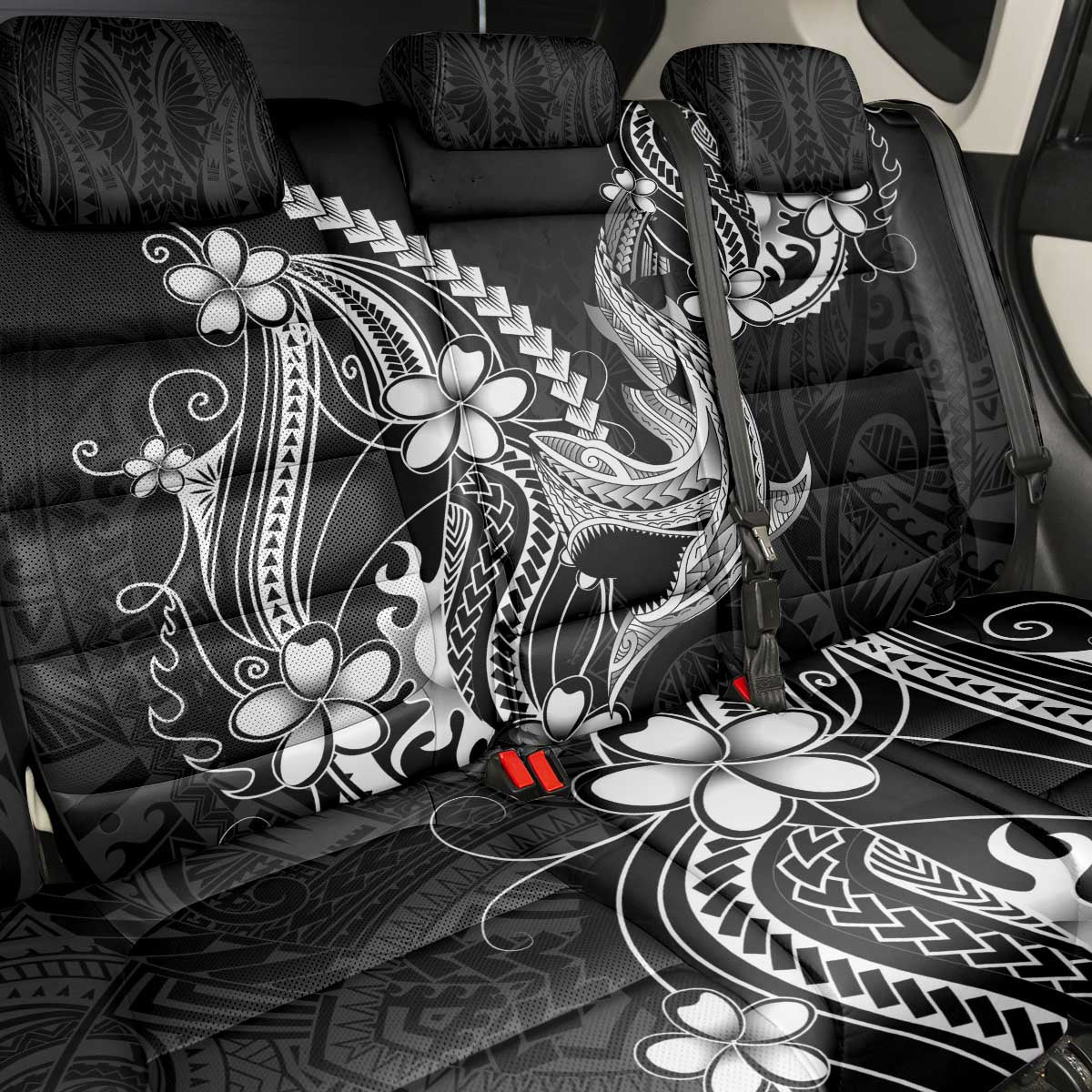 Black Aloha Hawaii Back Car Seat Cover Polynesian Shark Tattoo With Plumeria - Polynesian Pride