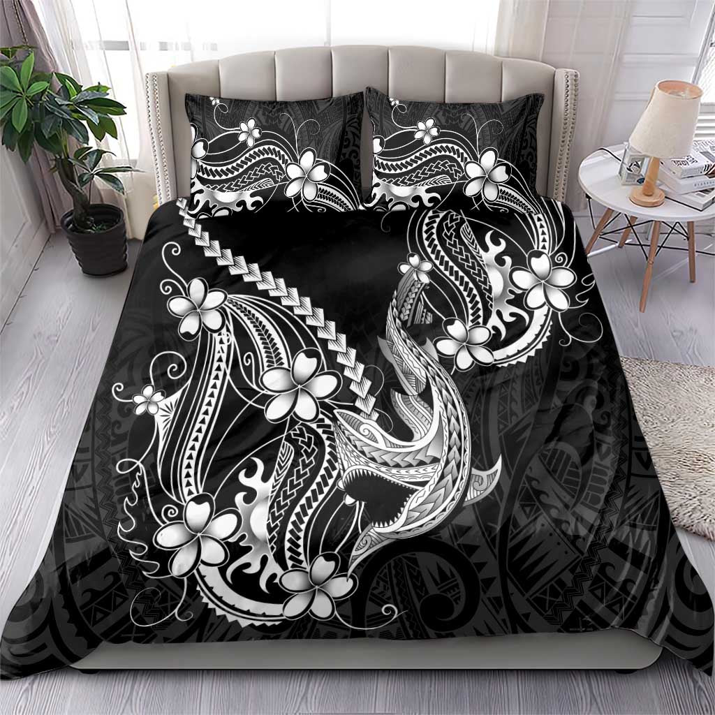 Black Aloha Hawaii Bedding Set Polynesian Shark Tattoo With Plumeria - Polynesian Pride