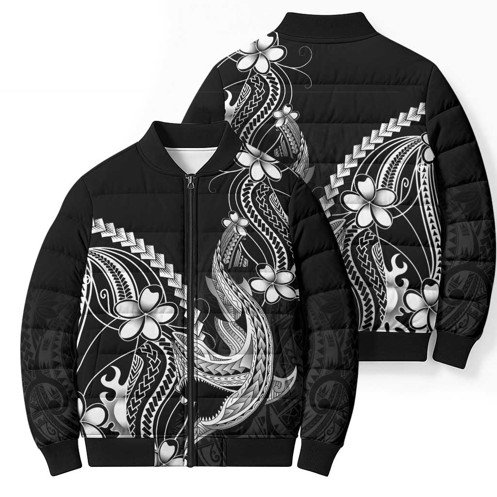 Black Aloha Hawaii Bomber Puffer Jacket Polynesian Shark Tattoo With Plumeria - Polynesian Pride