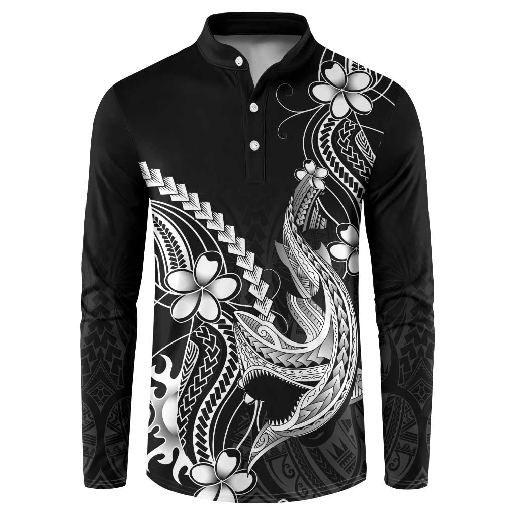 Black Aloha Hawaii Button Sweatshirt Polynesian Shark Tattoo With Plumeria LT14 Black - Polynesian Pride