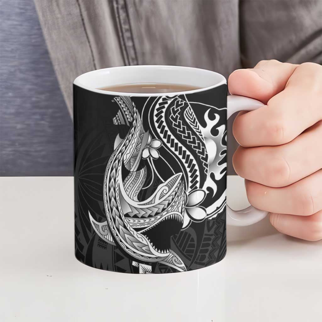 Black Aloha Hawaii Ceramic Mug Polynesian Shark Tattoo With Plumeria - Polynesian Pride