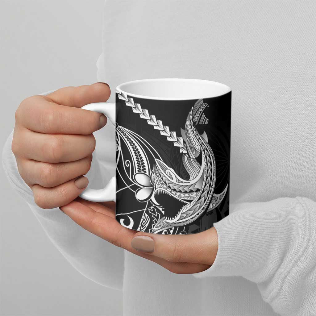 Black Aloha Hawaii Ceramic Mug Polynesian Shark Tattoo With Plumeria - Polynesian Pride
