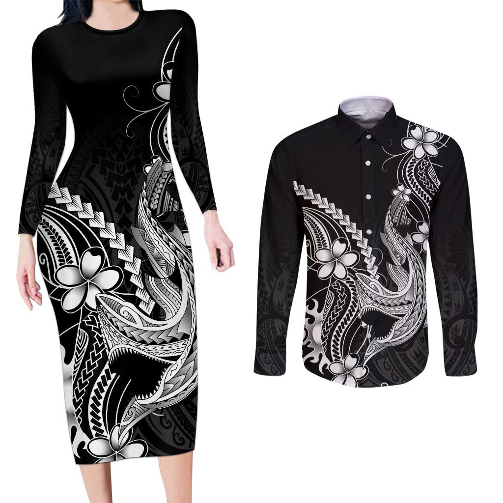 Black Aloha Hawaii Couples Matching Long Sleeve Bodycon Dress and Long Sleeve Button Shirt Polynesian Shark Tattoo With Plumeria LT14 Black - Polynesian Pride