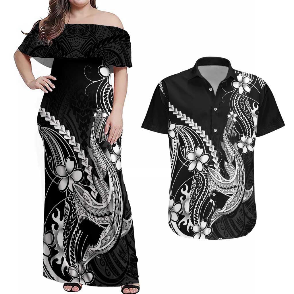 Black Aloha Hawaii Couples Matching Off Shoulder Maxi Dress and Hawaiian Shirt Polynesian Shark Tattoo With Plumeria - Polynesian Pride