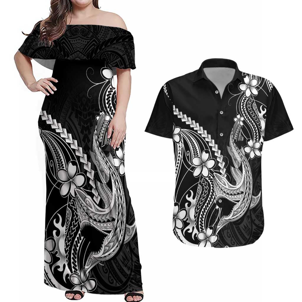 Black Aloha Hawaii Couples Matching Off Shoulder Maxi Dress and Hawaiian Shirt Polynesian Shark Tattoo With Plumeria LT14 Black - Polynesian Pride