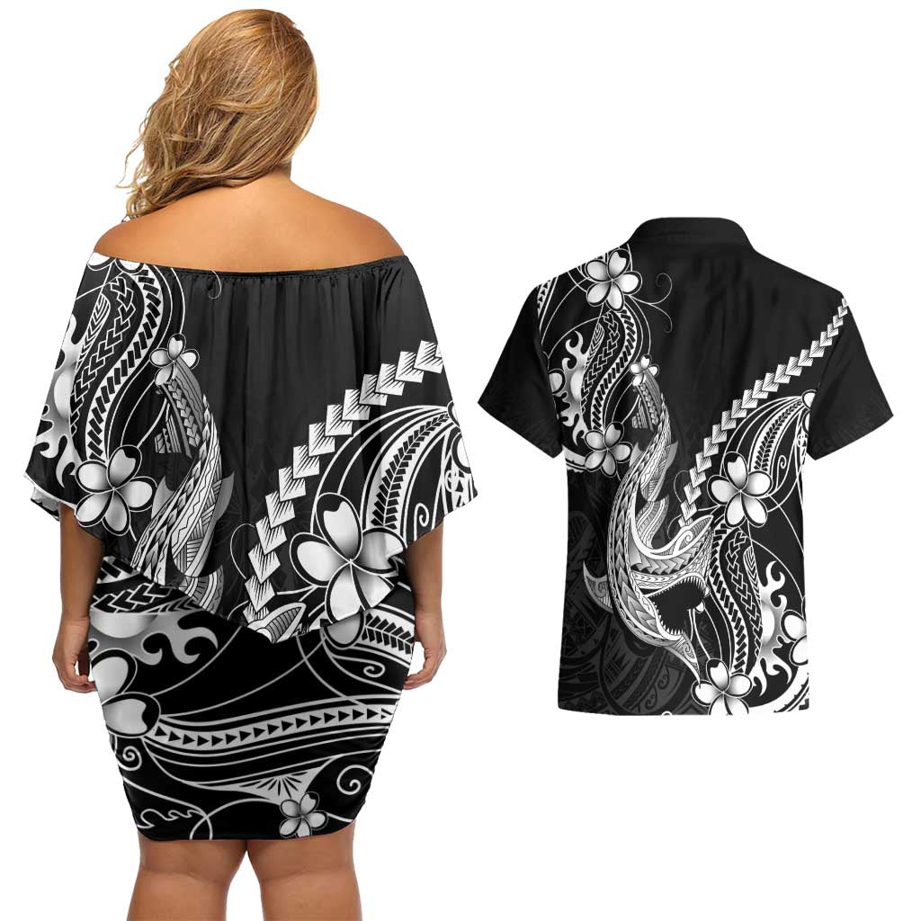 Black Aloha Hawaii Couples Matching Off Shoulder Short Dress and Hawaiian Shirt Polynesian Shark Tattoo With Plumeria - Polynesian Pride