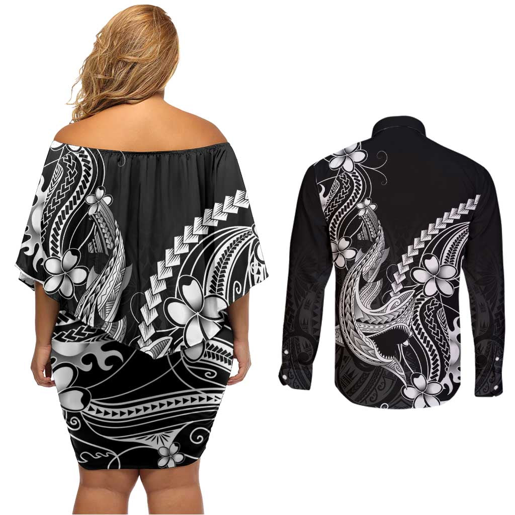 Black Aloha Hawaii Couples Matching Off Shoulder Short Dress and Long Sleeve Button Shirt Polynesian Shark Tattoo With Plumeria - Polynesian Pride