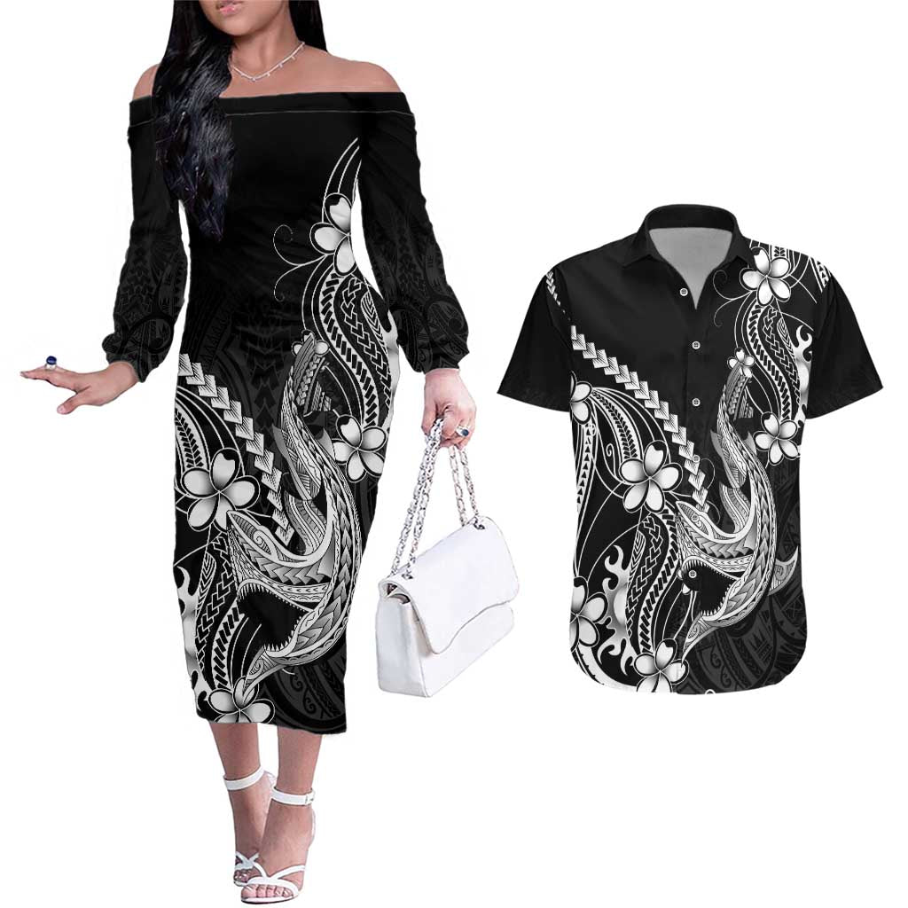 Black Aloha Hawaii Couples Matching Off The Shoulder Long Sleeve Dress and Hawaiian Shirt Polynesian Shark Tattoo With Plumeria - Polynesian Pride