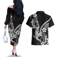Black Aloha Hawaii Couples Matching Off The Shoulder Long Sleeve Dress and Hawaiian Shirt Polynesian Shark Tattoo With Plumeria - Polynesian Pride