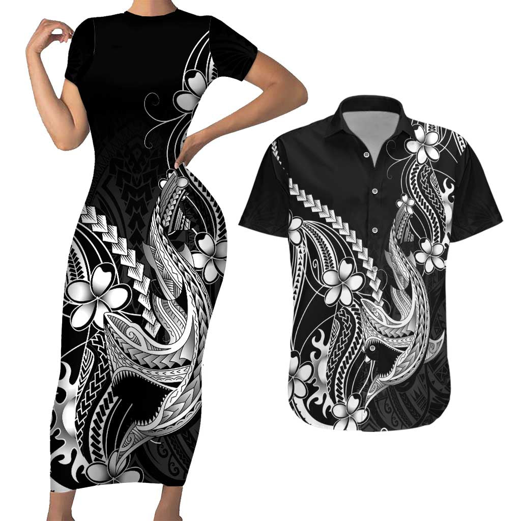 Black Aloha Hawaii Couples Matching Short Sleeve Bodycon Dress and Hawaiian Shirt Polynesian Shark Tattoo With Plumeria LT14 Black - Polynesian Pride