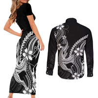 Black Aloha Hawaii Couples Matching Short Sleeve Bodycon Dress and Long Sleeve Button Shirt Polynesian Shark Tattoo With Plumeria - Polynesian Pride