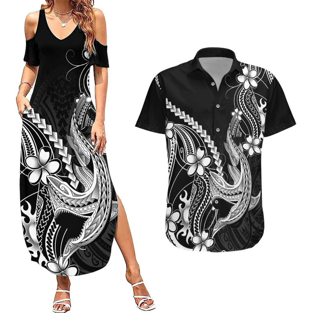 Black Aloha Hawaii Couples Matching Summer Maxi Dress and Hawaiian Shirt Polynesian Shark Tattoo With Plumeria - Polynesian Pride