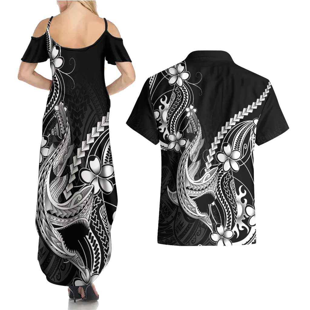 Black Aloha Hawaii Couples Matching Summer Maxi Dress and Hawaiian Shirt Polynesian Shark Tattoo With Plumeria - Polynesian Pride