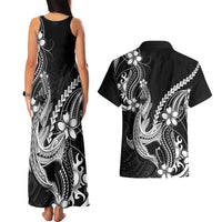Black Aloha Hawaii Couples Matching Tank Maxi Dress and Hawaiian Shirt Polynesian Shark Tattoo With Plumeria - Polynesian Pride