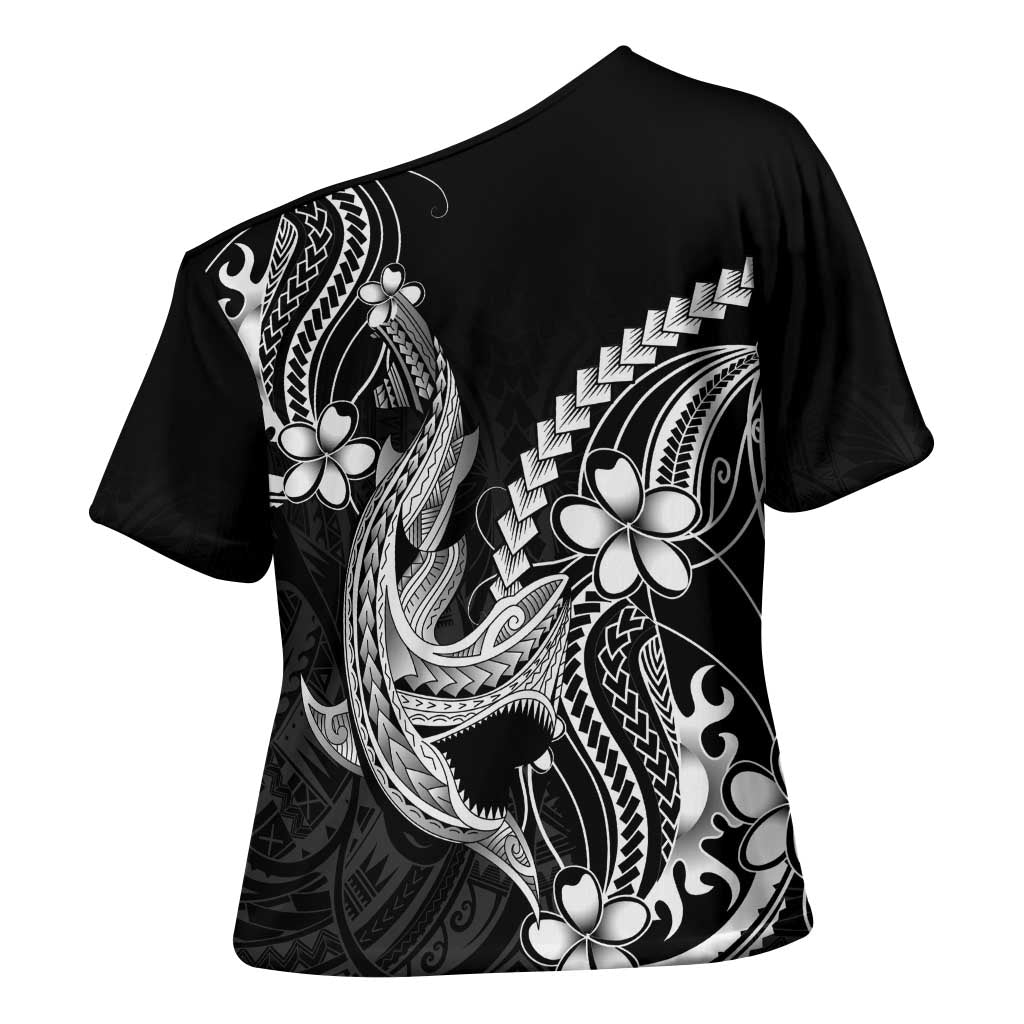 Black Aloha Hawaii Cross Shoulder Shirt Polynesian Shark Tattoo With Plumeria - Polynesian Pride