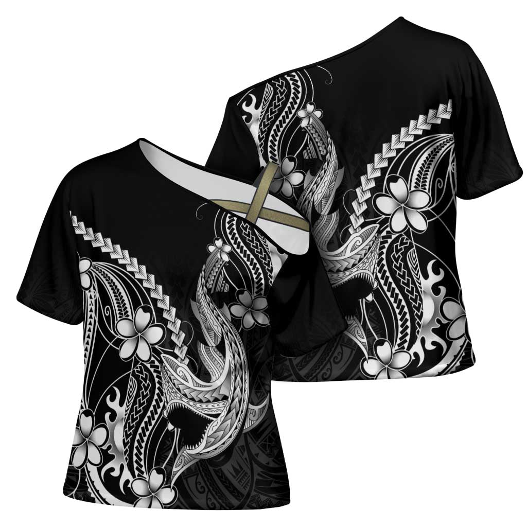 Black Aloha Hawaii Cross Shoulder Shirt Polynesian Shark Tattoo With Plumeria - Polynesian Pride
