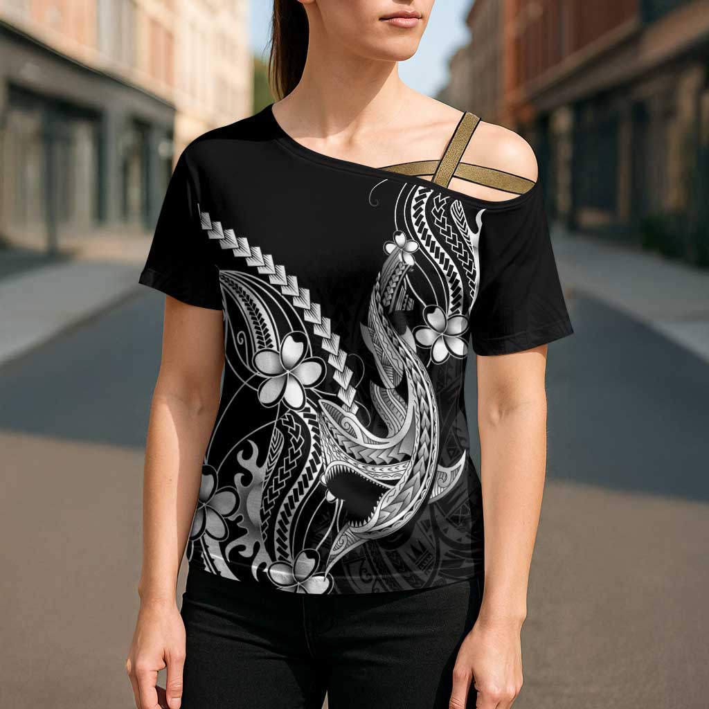 Black Aloha Hawaii Cross Shoulder Shirt Polynesian Shark Tattoo With Plumeria - Polynesian Pride