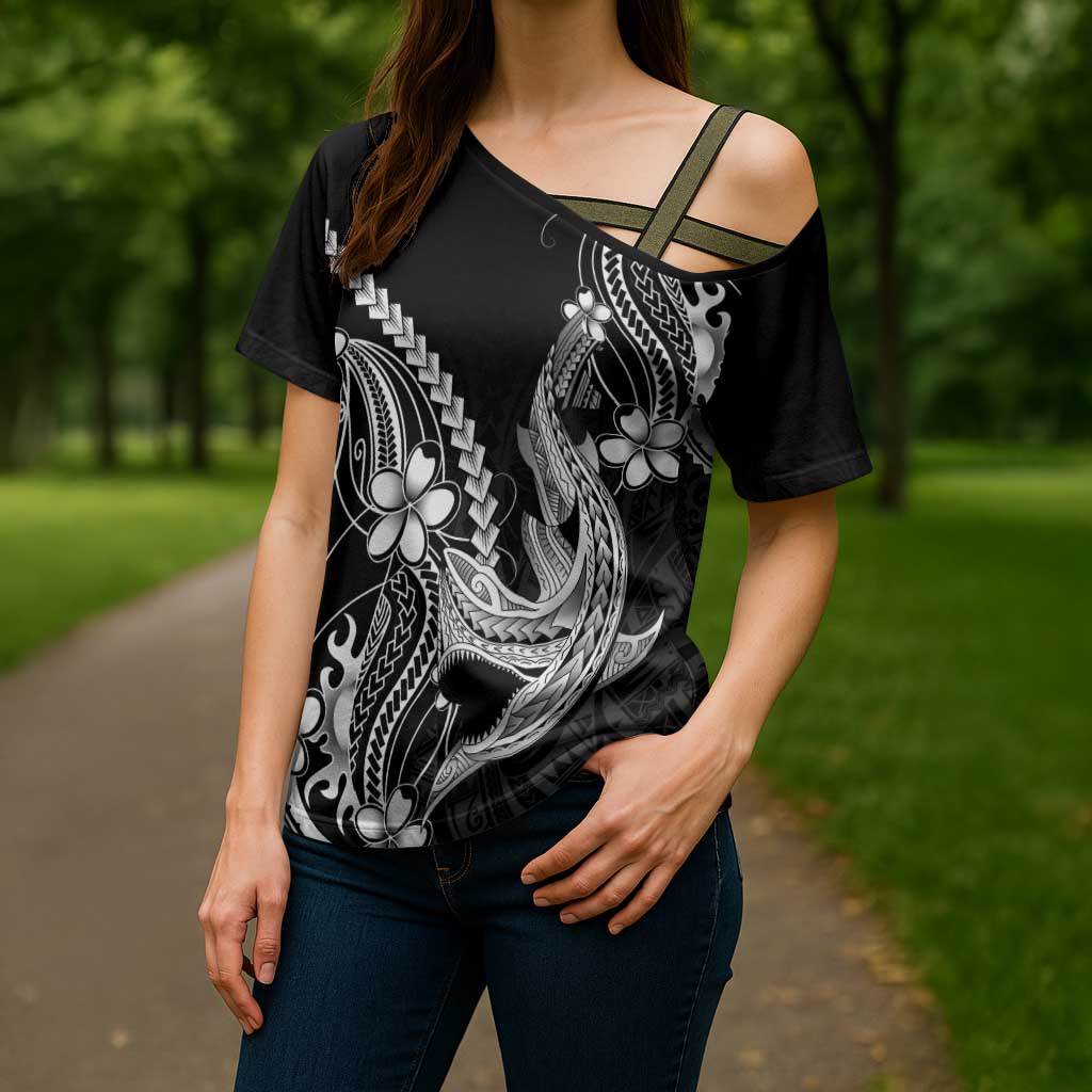 Black Aloha Hawaii Cross Shoulder Shirt Polynesian Shark Tattoo With Plumeria - Polynesian Pride